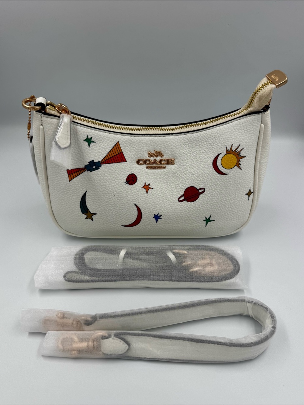 Coach White Leather Celeste Convertible Crossbody Bag Celestial Print Moon Stars